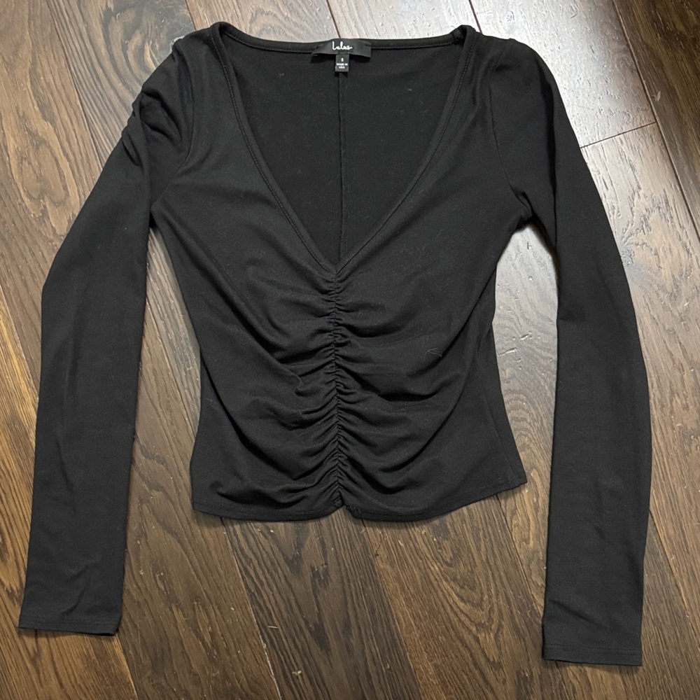 Lulus Black Ruched V-Neck Top - Picture 2 of 6